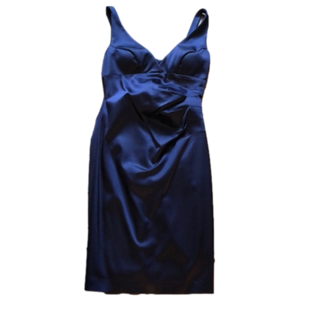 Xscape navy blue satin cocktail dress size ten.